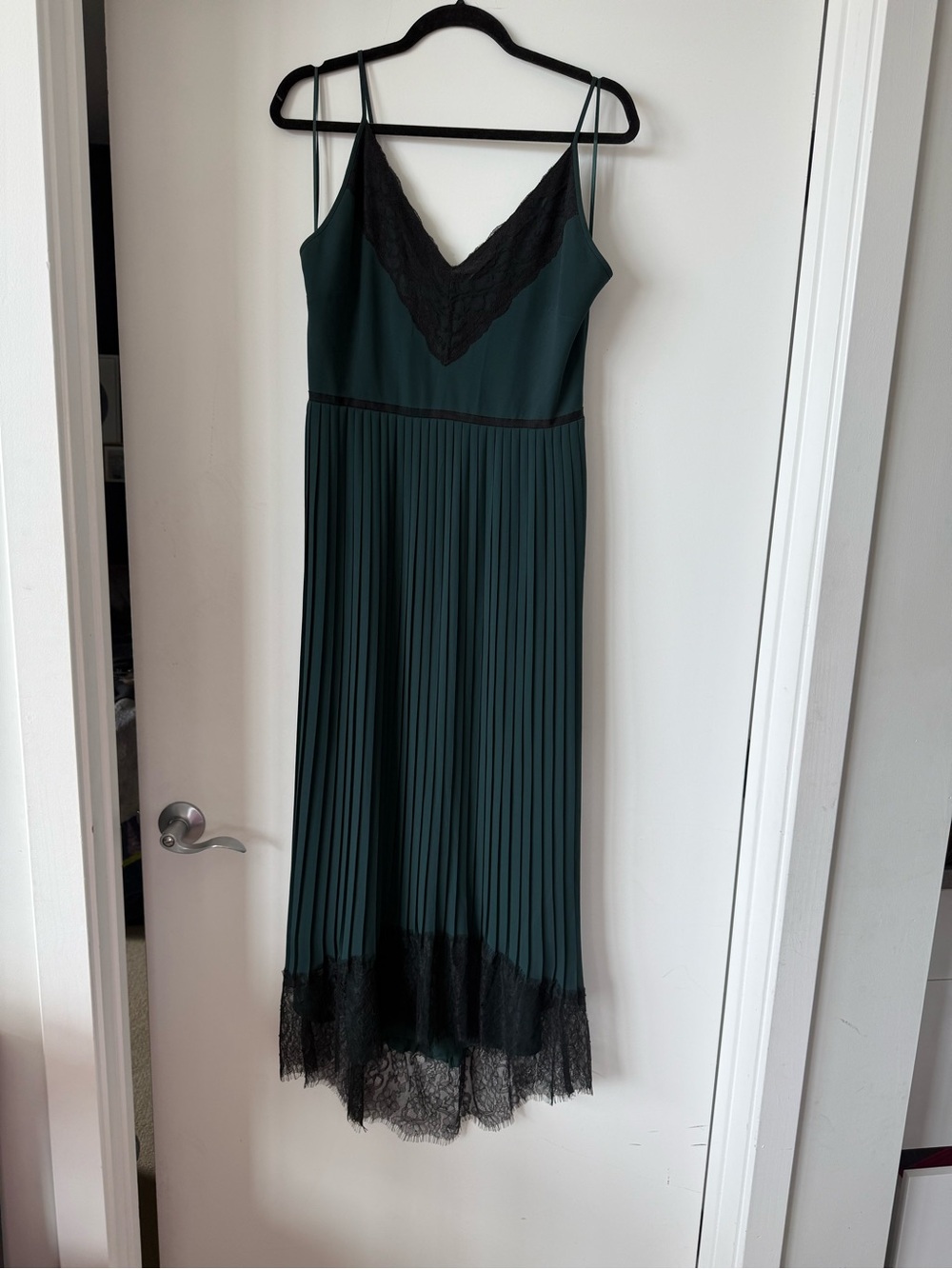 J.Crew Collection Spaghetti Strap Pleated Midi Dress in Green with lace - Picture 2 of 5